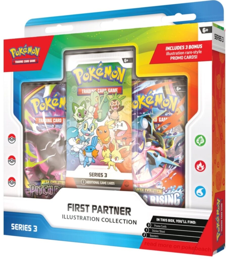 Box art oficial First Partner Illustration Collection Series 3 con los iniciales de Hoenn, Kalos y Paldea