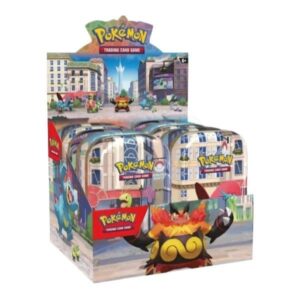 Display of 8 mini Lumiose City Pokémon TCG packs in Spanish