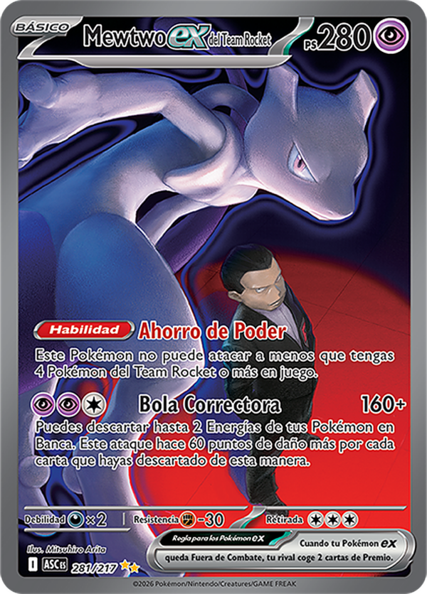 Team Rocket's Mewtwo EX Pokémon Card #281/217 from Rising Heroes in Spanish