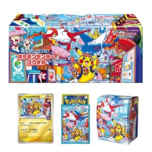 Caja especial Pokémon Center Fukuoka con carta promo de Pikachu, fundas y deck box